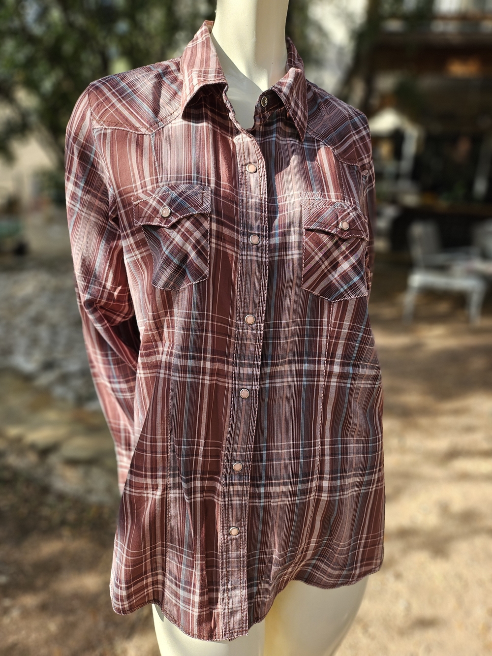 Cruel Girl Red Rust Plaid Button-Up Western Pearl Snap Cowgirl Shirt XL